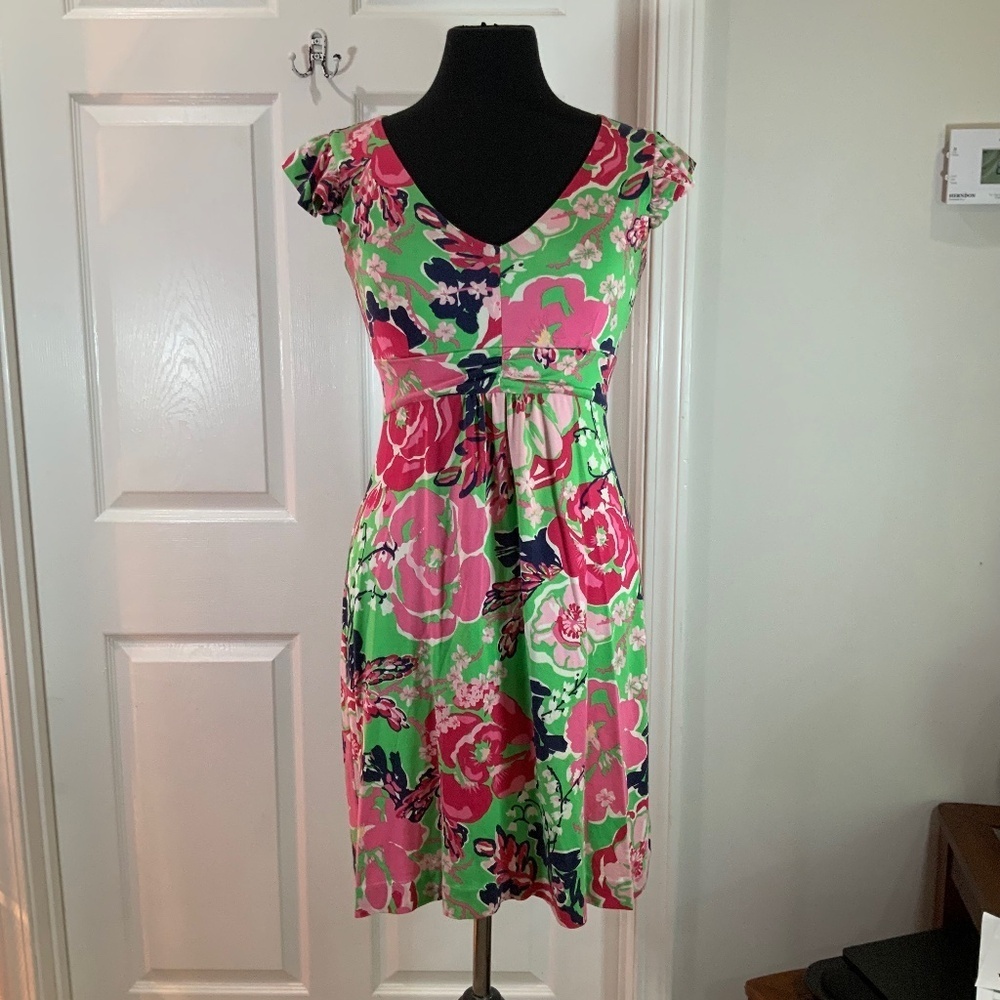 Lily Pulitzer Clare Silk Cotton Pink Floral Short Sleeve Ruffle Dress Size XS